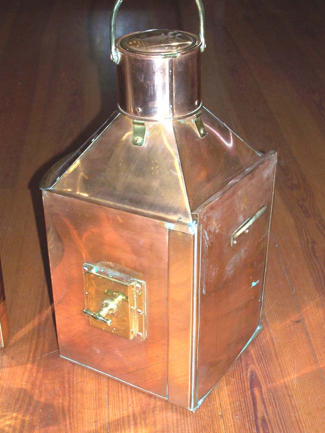 A Large Pair of World War II Era Merchant Marine Brass Mounted Copper Port and Starboard Running Lamps. — image 2